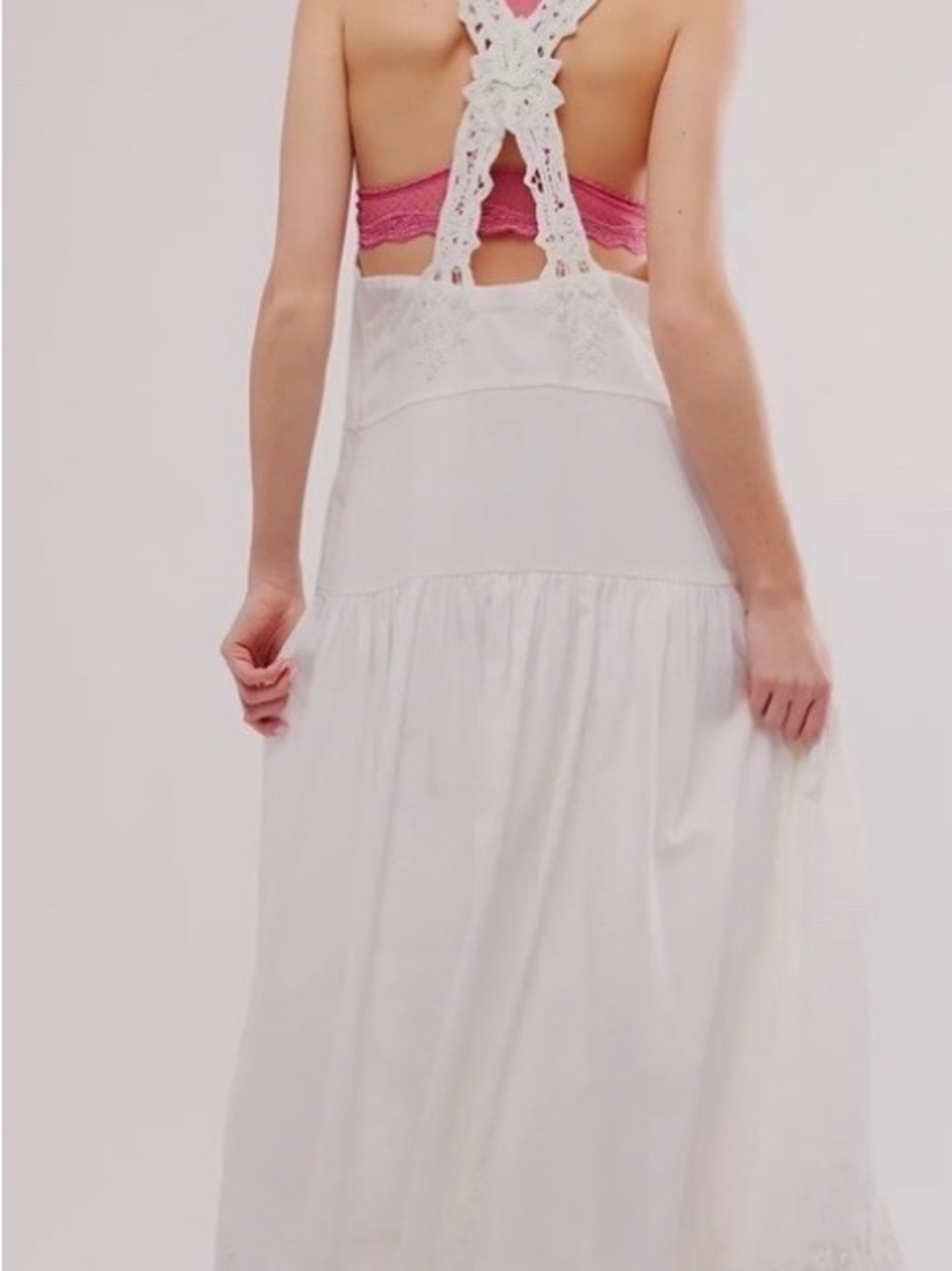 Free People Mayner Linen Cotton Battenburg Lace Trims Midi Dress - Picture 3 of 12